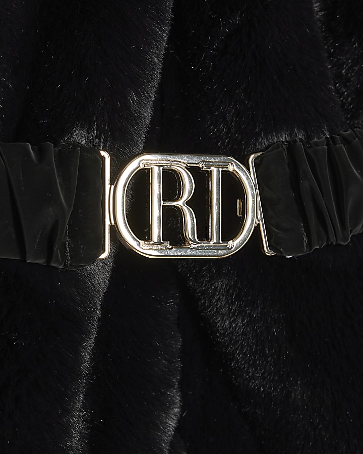 Girls Black Belted Faux Fur Padded Coat