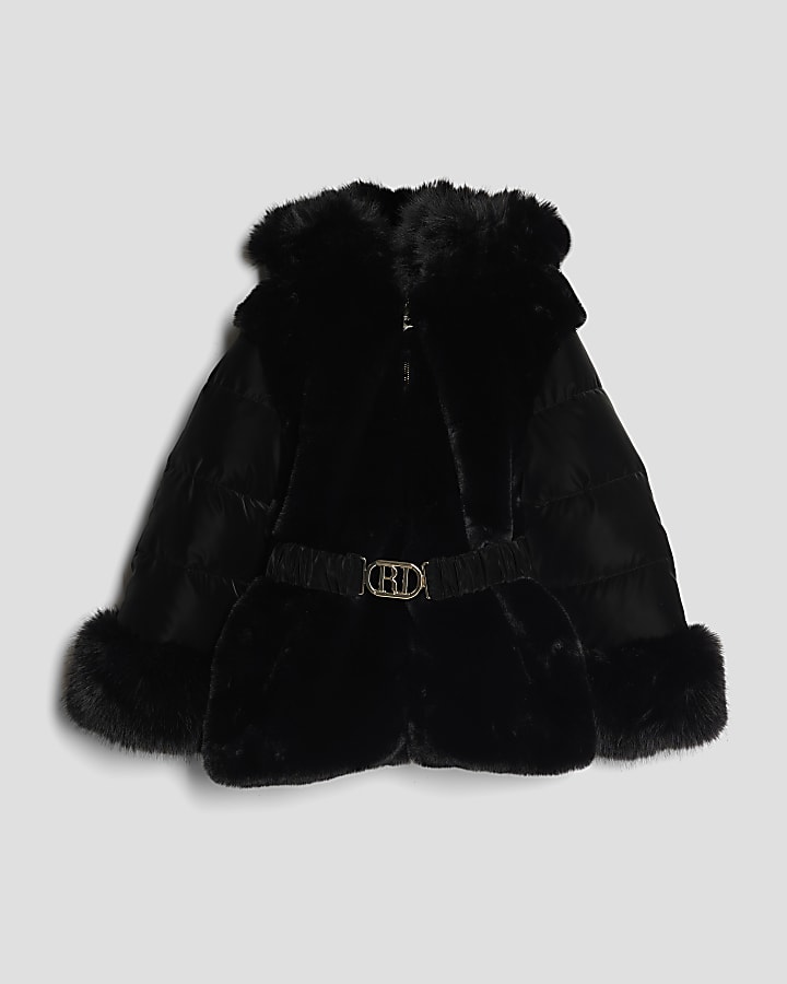 Girls Black Belted Faux Fur Padded Coat
