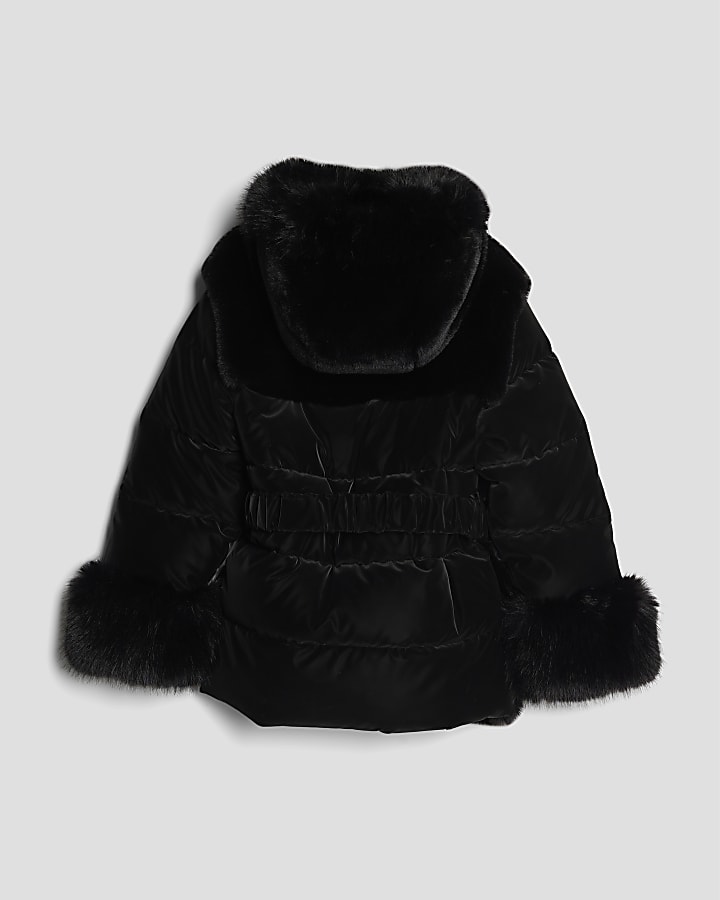 Girls Black Belted Faux Fur Padded Coat
