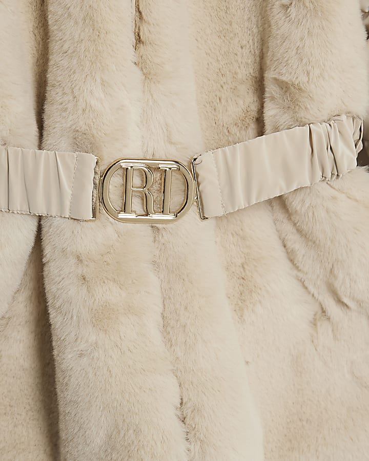Girls Cream Belted Faux Fur Padded Coat