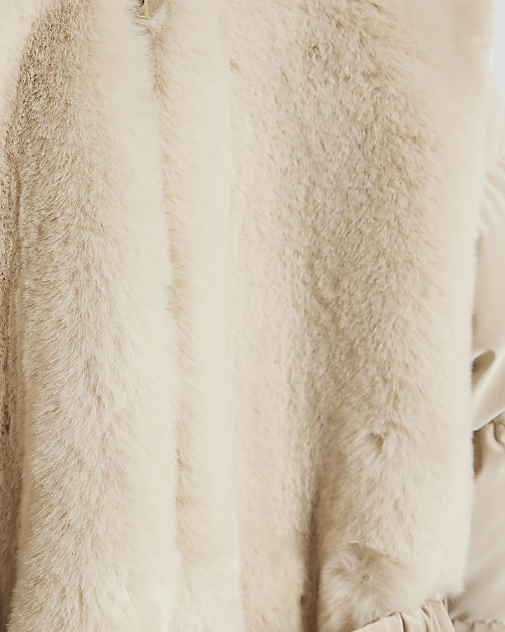 Girls Cream Belted Faux Fur Padded Coat