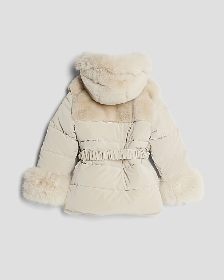 Girls Cream Belted Faux Fur Padded Coat