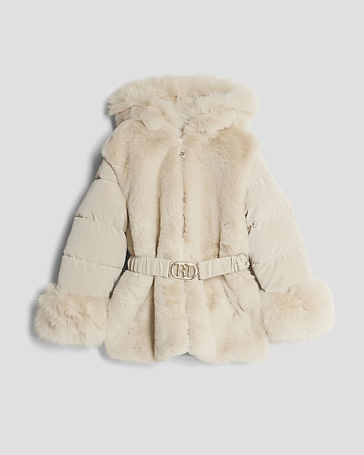 Girls Cream Belted Faux Fur Padded Coat