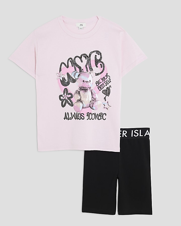 Girls Pink Print T-Shirt & Cycle Shorts Set