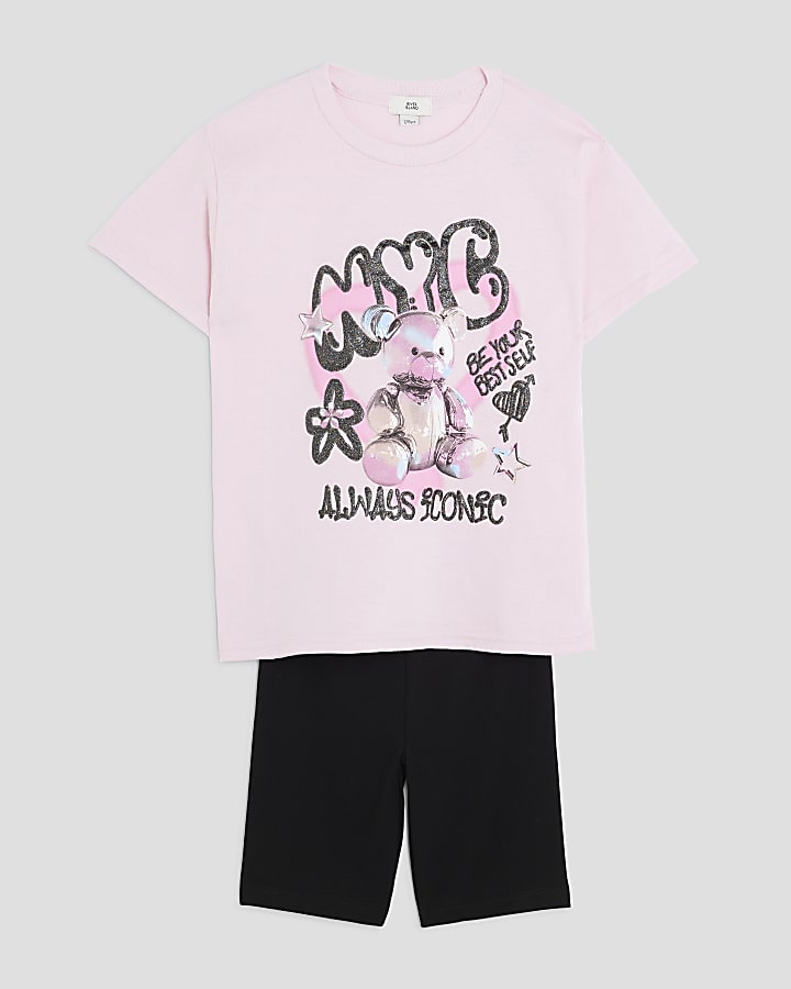 Girls Pink Print T-Shirt & Cycle Shorts Set