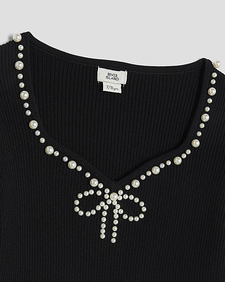 Girls Black Pearl Embellished Long Sleeve Top