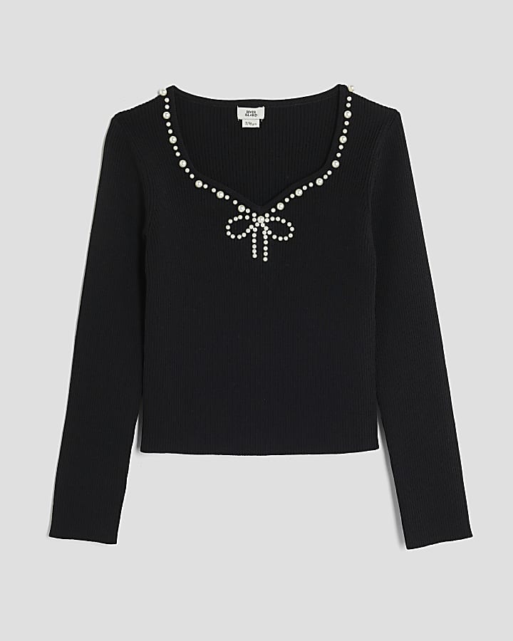 Girls Black Pearl Embellished Long Sleeve Top