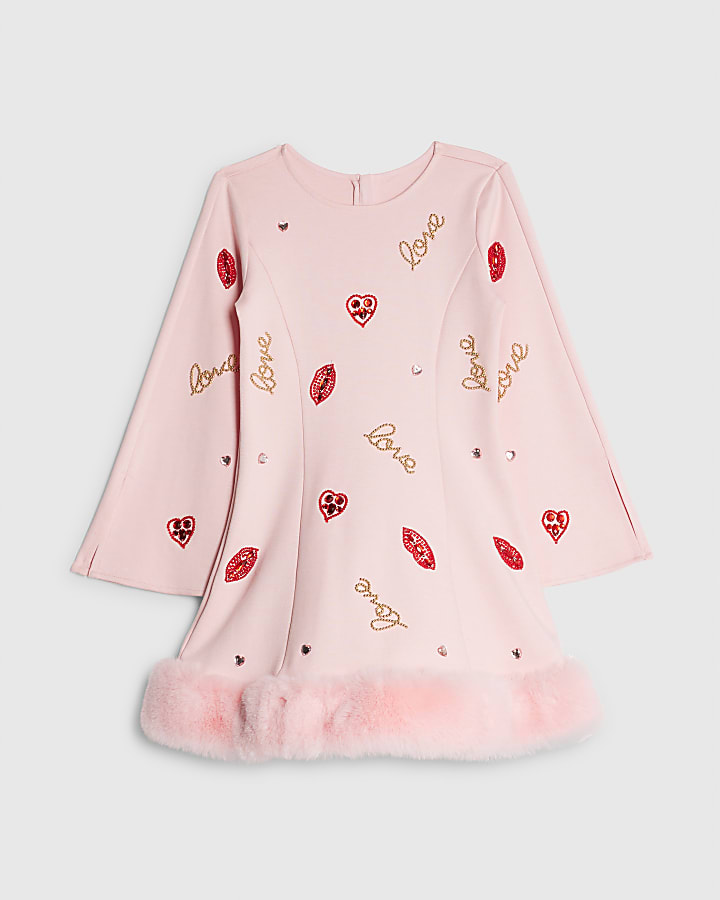 Girls Pink Lips Faux Fur Hem Dress