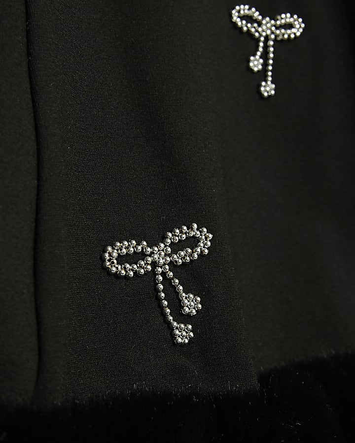 Girls Black Bow Faux Fur Hem Dress