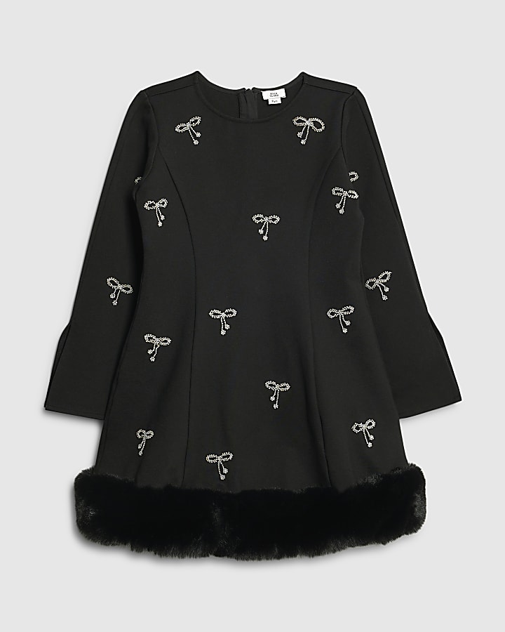 Girls Black Bow Faux Fur Hem Dress