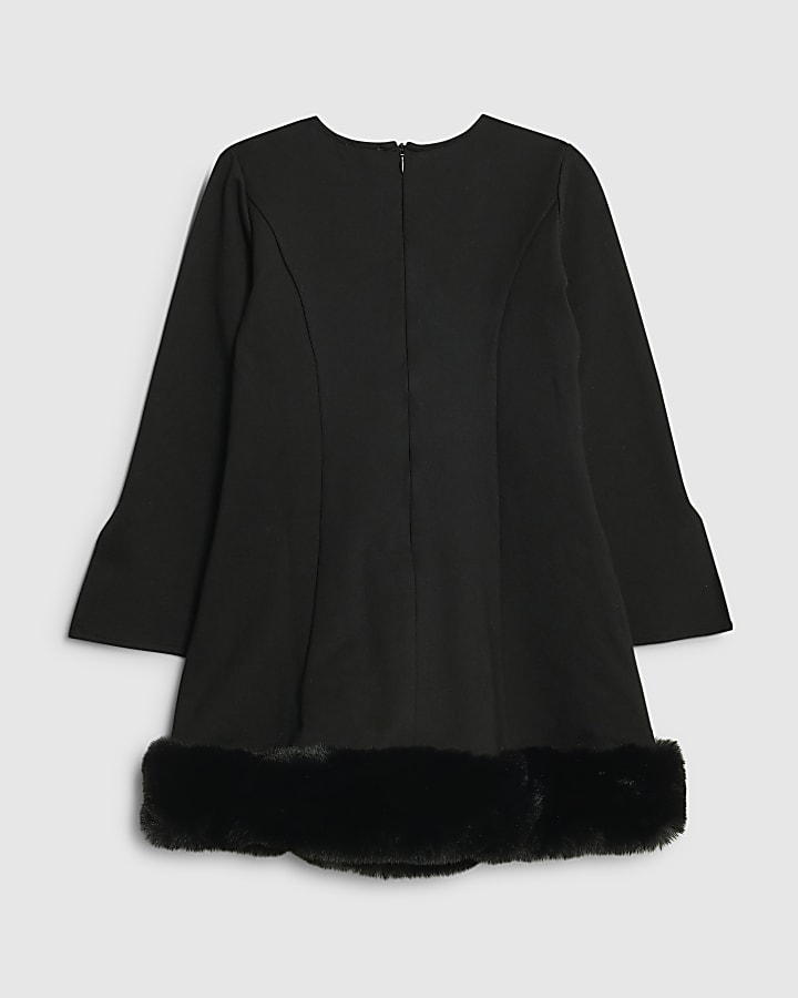 Girls Black Bow Faux Fur Hem Dress