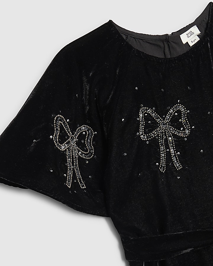 Girls Black Velvet Bow Playsuit