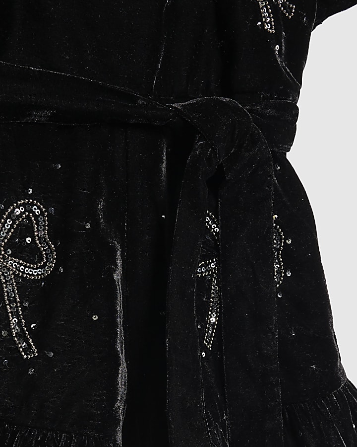 Girls Black Velvet Bow Playsuit