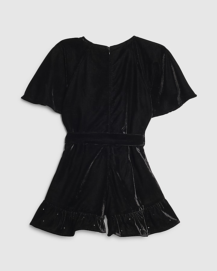 Girls Black Velvet Bow Playsuit