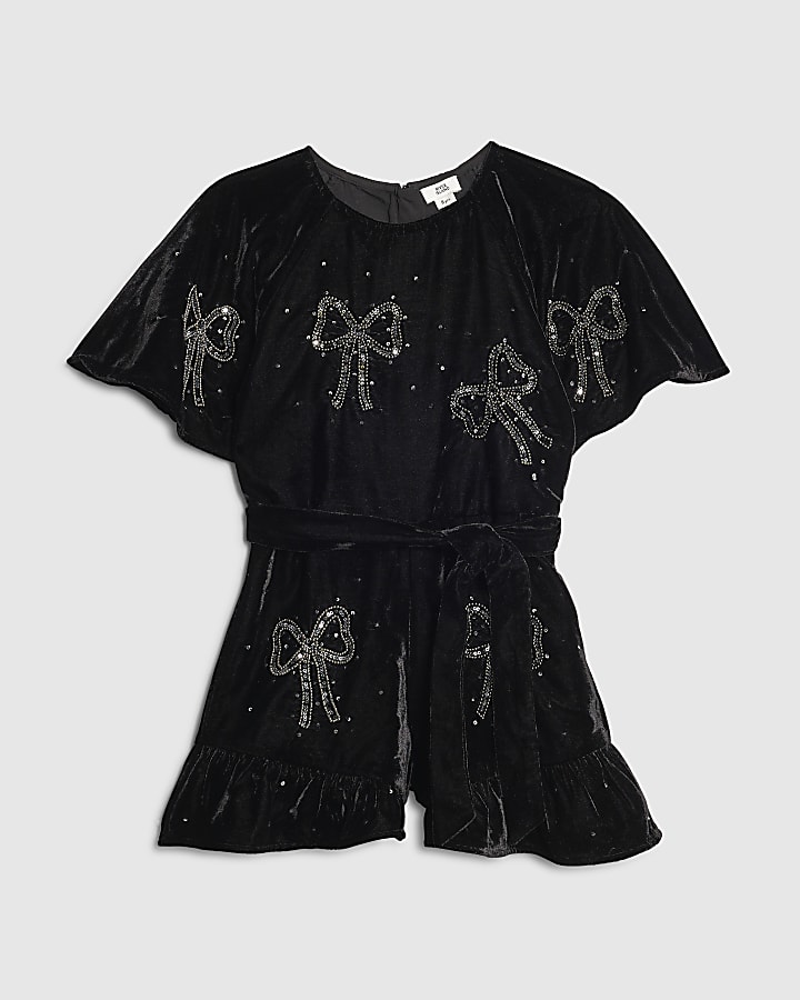 Girls Black Velvet Bow Playsuit