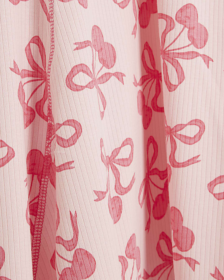 Girls Pink Ribbed Cherry And Bow Print Dress