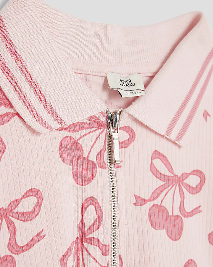 Girls Pink Ribbed Cherry And Bow Print Dress