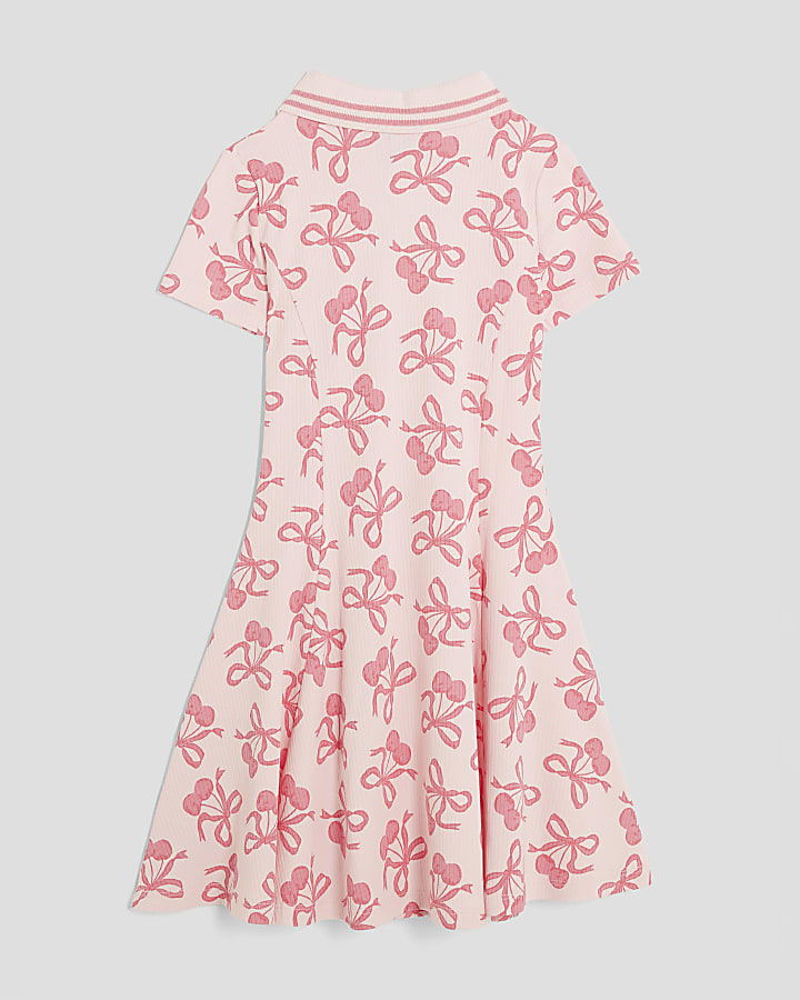 Girls Pink Ribbed Cherry And Bow Print Dress
