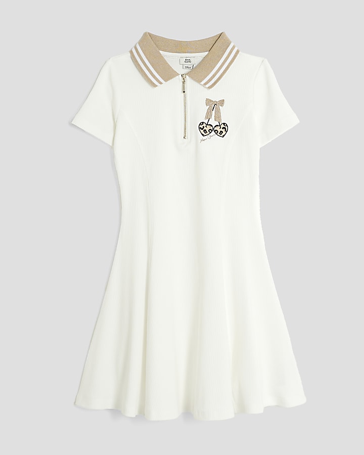 Girls Cream Ribbed Leopard Cherry Dress