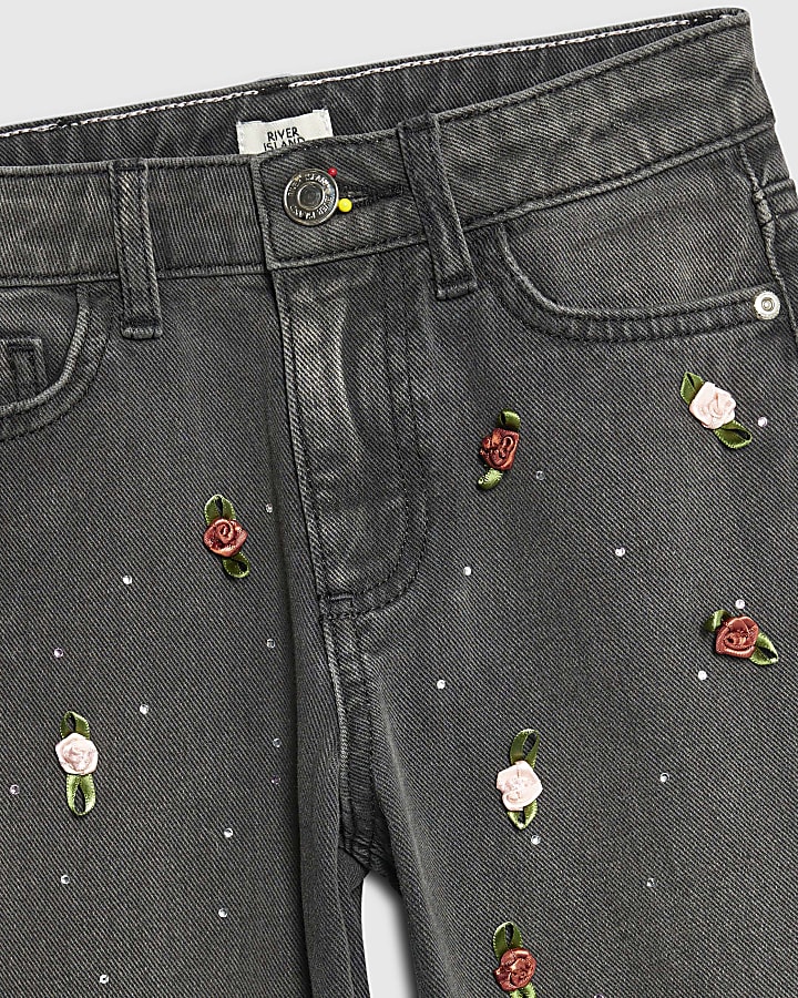 Girls Black Rose Wide Leg Jeans