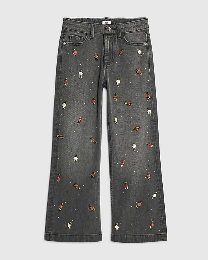 Girls Black Rose Wide Leg Jeans