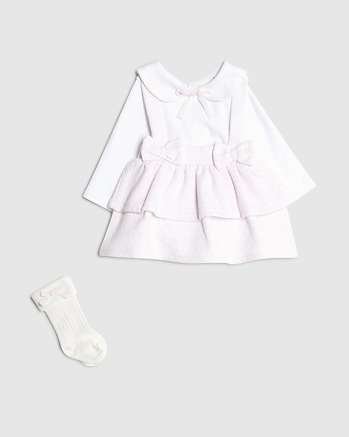 Baby Girls Pink Pinafore Dress 3 Piece Set