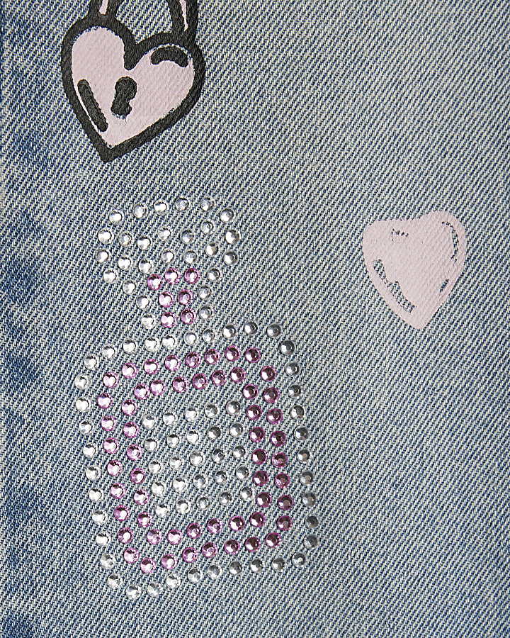 Girls Blue Love Graffiti Straight Jeans