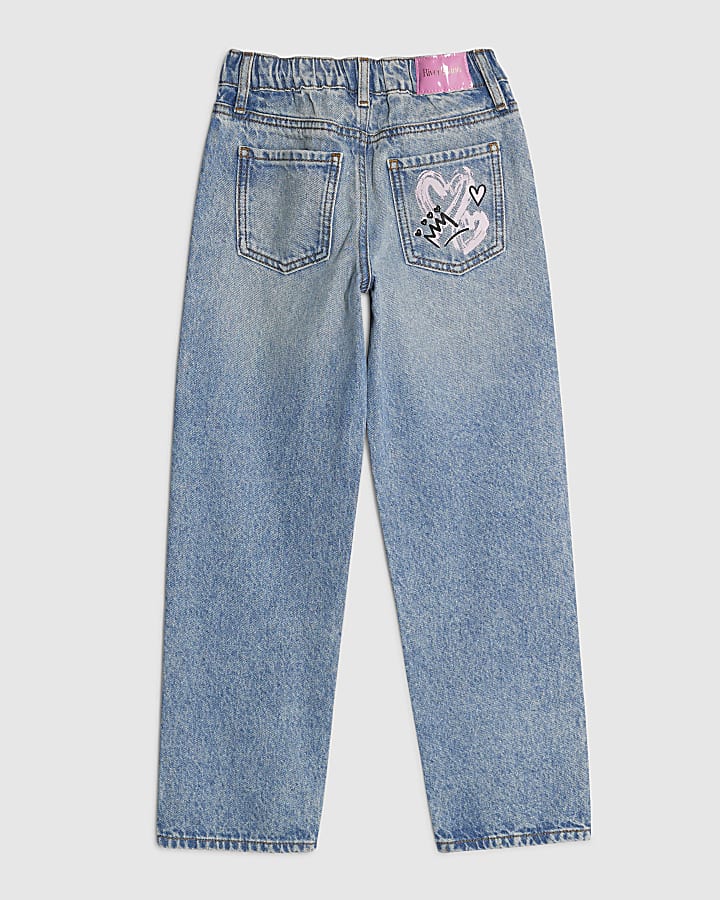 Girls Blue Love Graffiti Straight Jeans