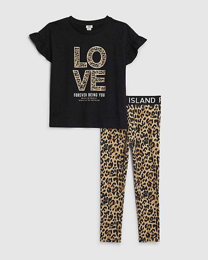 Girls Black Love Leopard T-Shirt Set