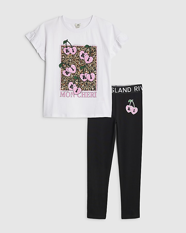 Girls White Frill RI Cherry T-Shirt Sets