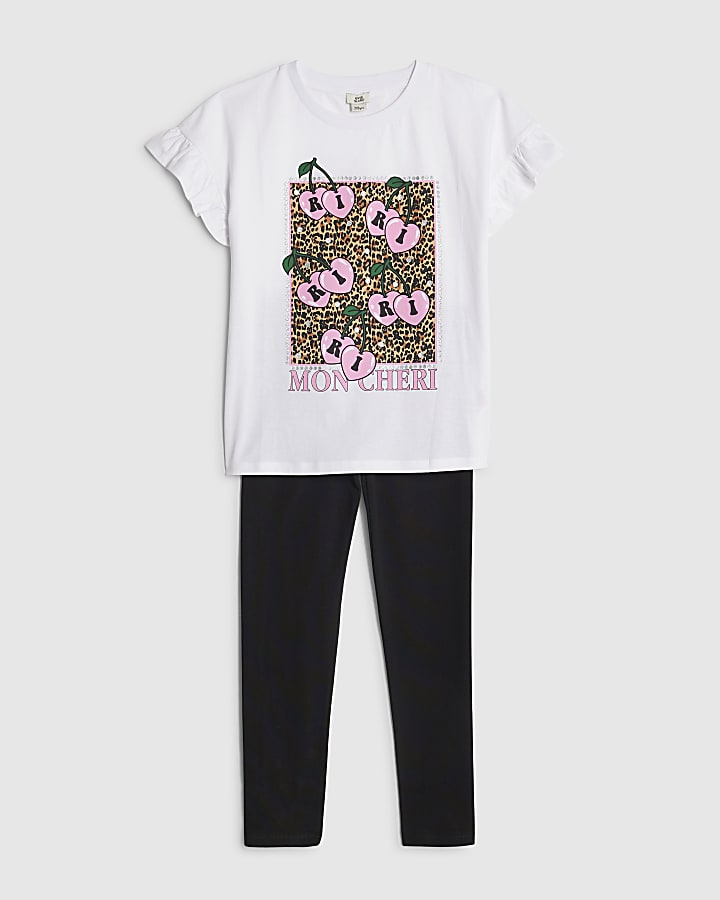 Girls White Frill RI Cherry T-Shirt Sets