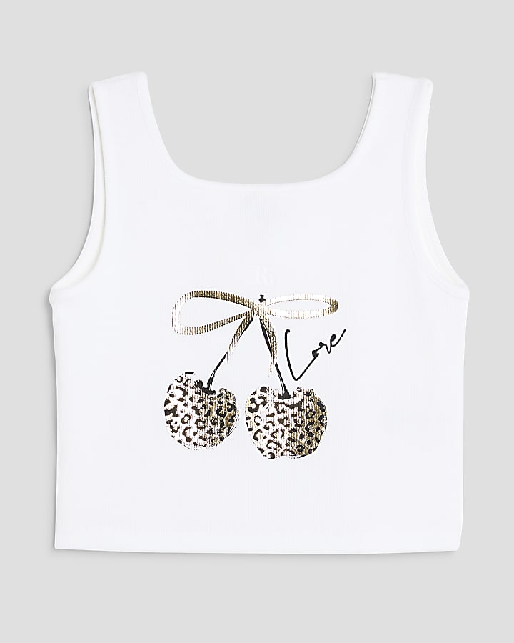 Girls White Leopard Cherry Bow Tank Top