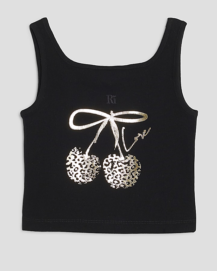 Girls Black Leopard Cherry Bow Tank Top