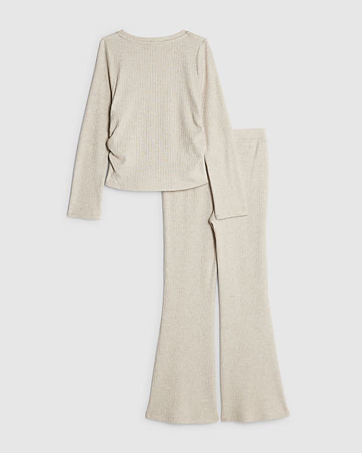 Girls Beige Ruched Top Set