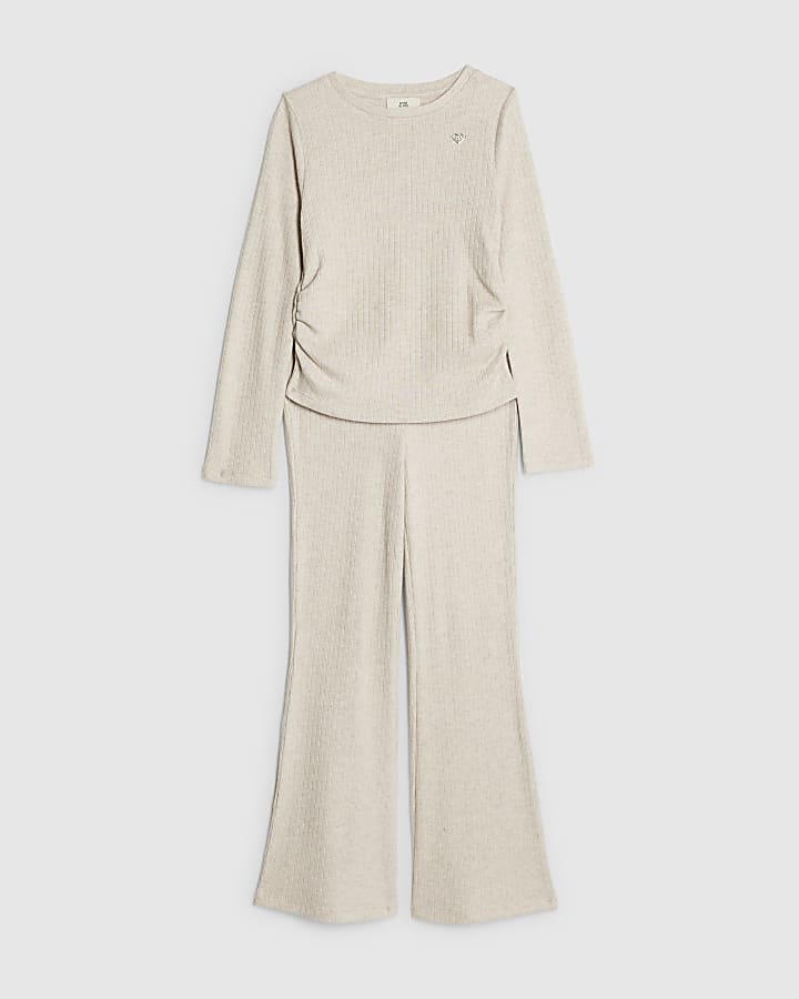 Girls Beige Ruched Top Set