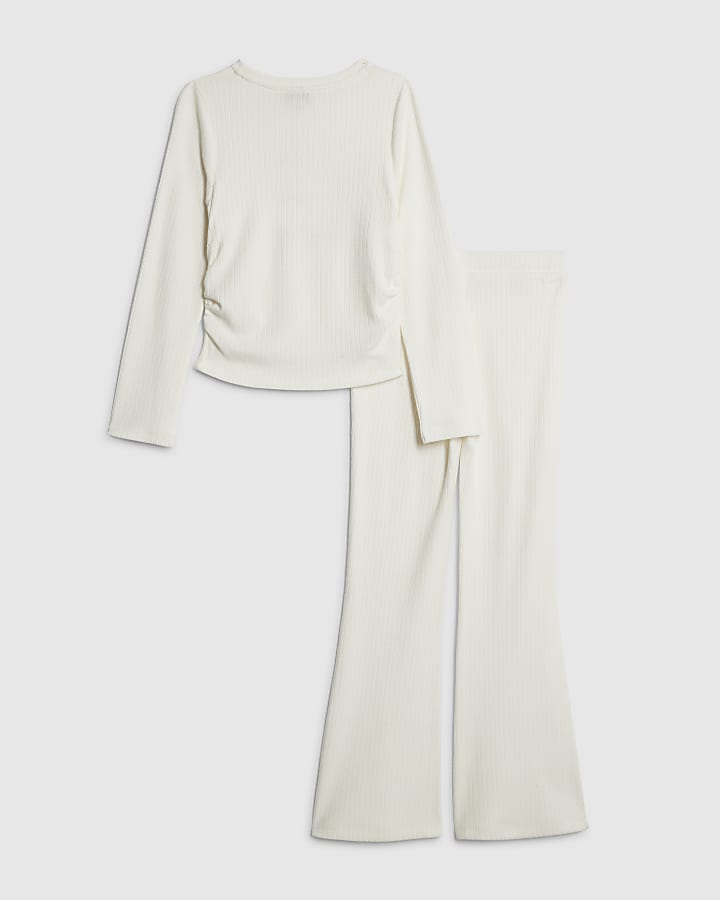 Girls Cream Ruched Flared Trousers Set
