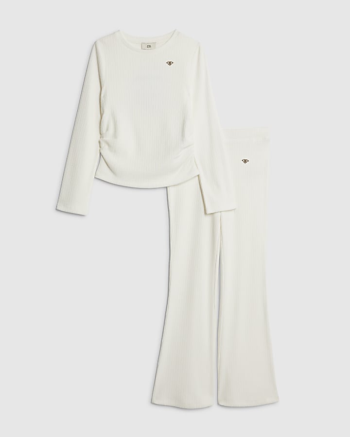 Girls Cream Ruched Flared Trousers Set