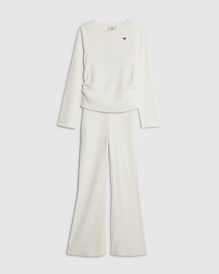 Girls Cream Ruched Flared Trousers Set
