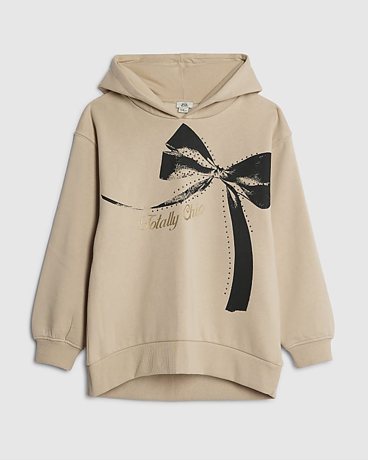 Girls Beige Hooded Bow Sweatshirt