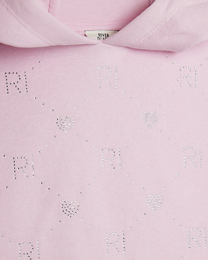 Girls Pink Embellished Hoodie Set