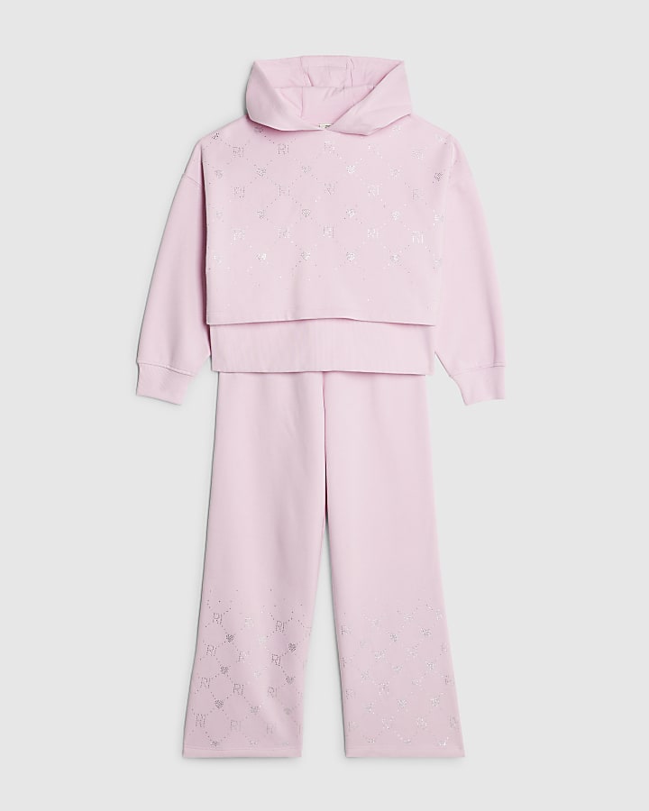 Girls Pink Embellished Hoodie Set