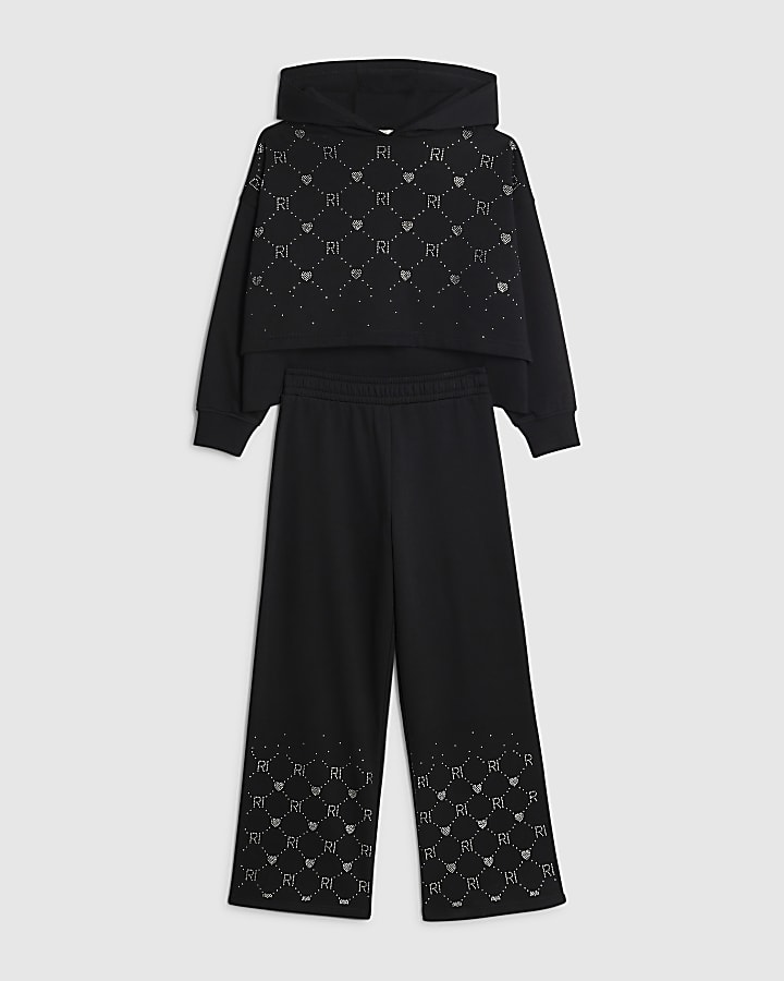 Girls Black Embellished Hoodie Set