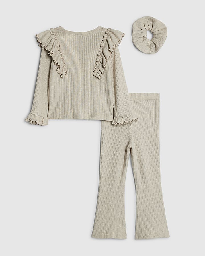 Mini Girls Beige Frill Shoulder Top Set