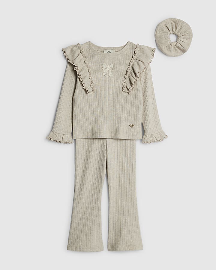 Mini Girls Beige Frill Shoulder Top Set