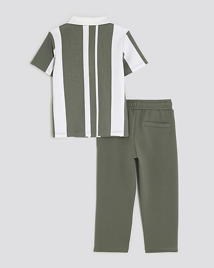 Mini Boys Khaki Striped Polo Shirt Set
