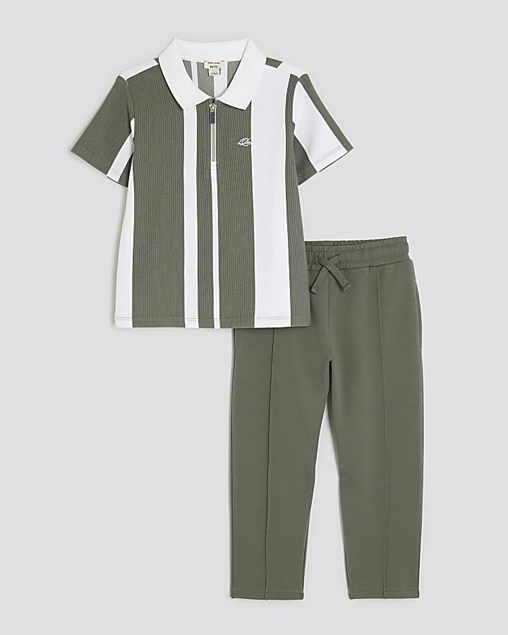 Mini Boys Khaki Striped Polo Shirt Set