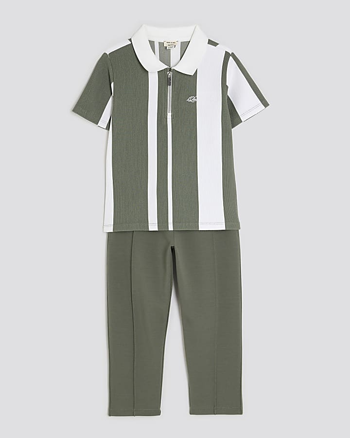 Mini Boys Khaki Striped Polo Shirt Set