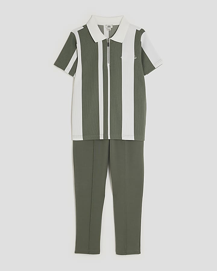 Boys Khaki Striped Polo Shirt Set