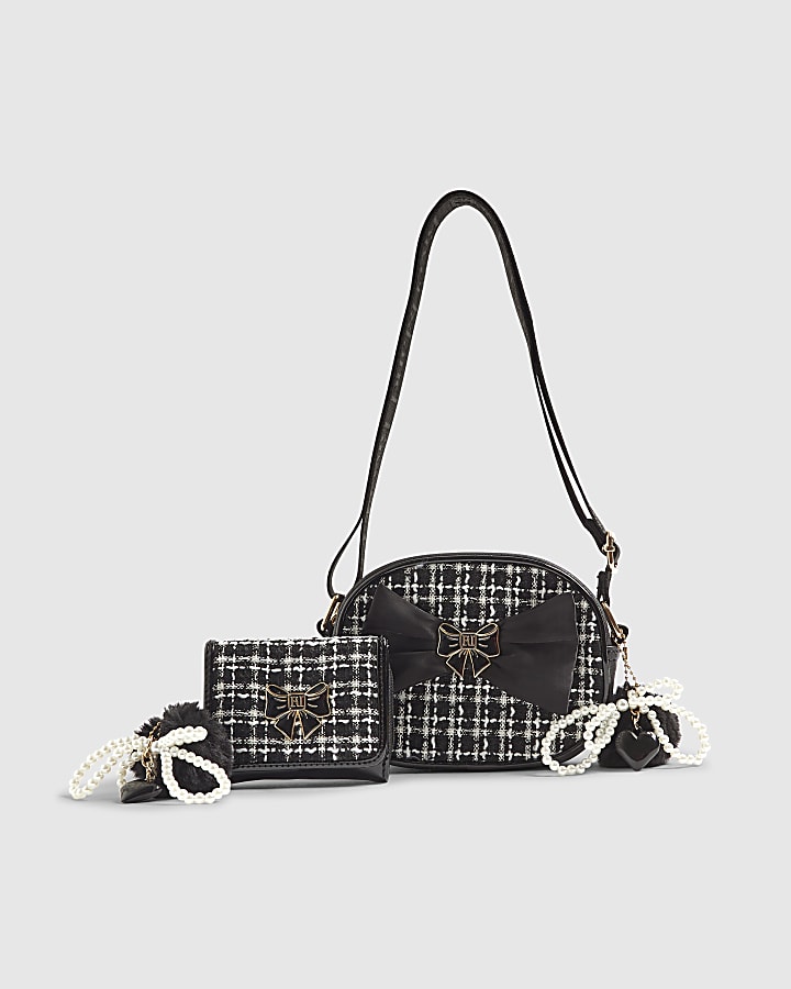 Girls Black check Boucle Bag And Purse Bundle