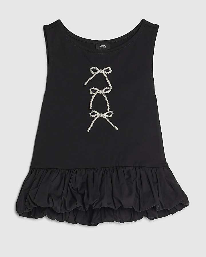 Girls Black Bow Bubble Hem Tank Top